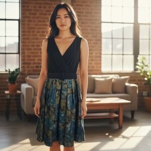 Evan Picone Black and Blue Floral A Line Midi Dress Size 16